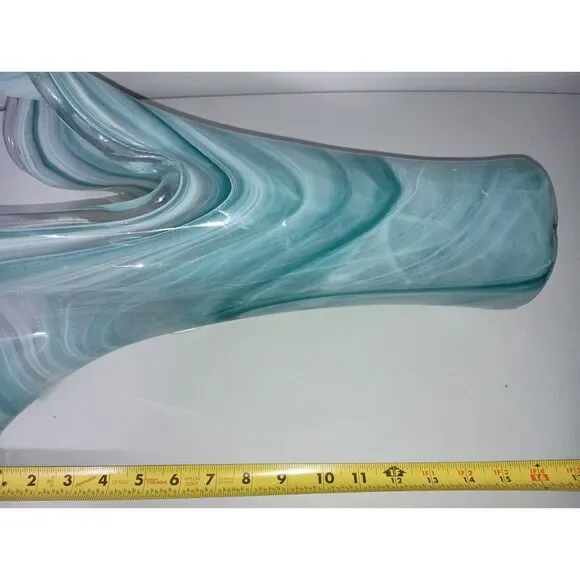 MURANO, Italy-Large, thick glass vase, ocean blue/white swirl colors ruffled top